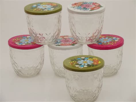 Vintage Ball quilted crystal glass jelly jars w/ retro flower print lids