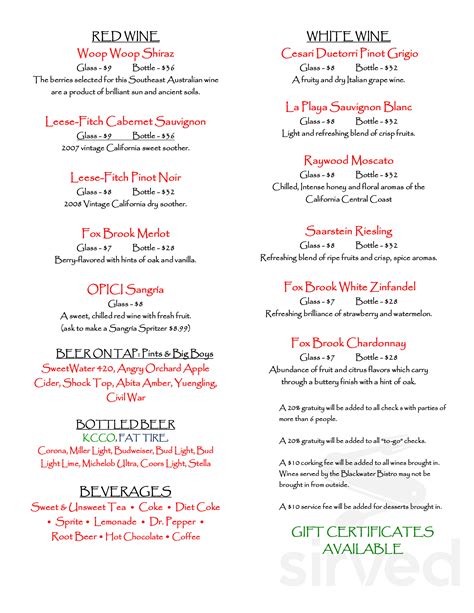 Blackwater Bistro menu in Milton, Florida, USA