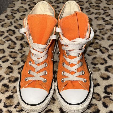 orange high top converse size 4 adult - Depop