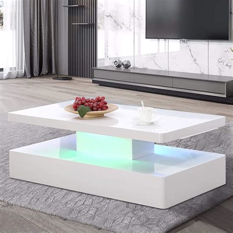 Amazon.com: Mecor Modern Glossy White Coffee Table W/LED Lighting, 2 Tier Rectangle Design ...