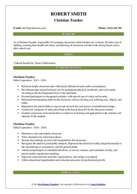 Christian Teacher Resume Samples | QwikResume