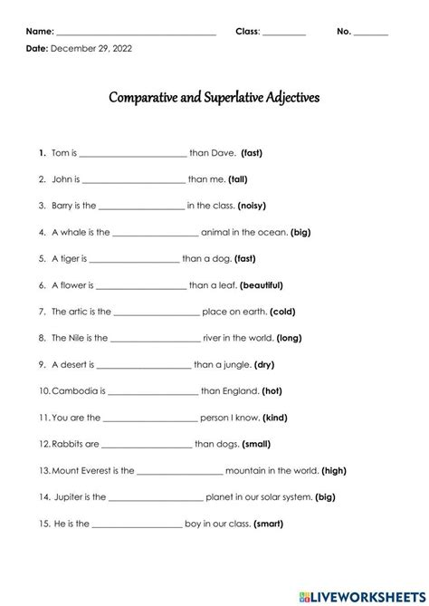 Worksheet On Comparative And Superlative Adjectives