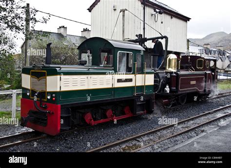 Diesel and steam locomotives on the Ffestiniog Railway at Blaenau Stock Photo, Royalty Free ...