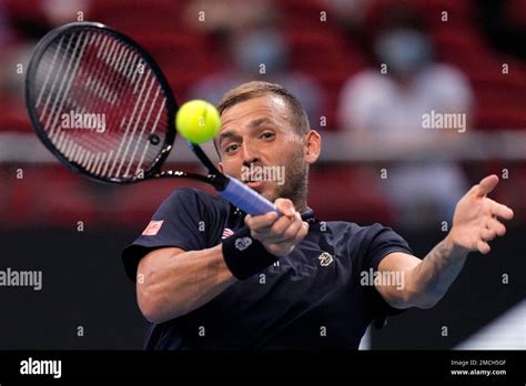 Britain's Daniel Evans hits a forehand to Germany's Jan-Lennard Struff during their match at the ...