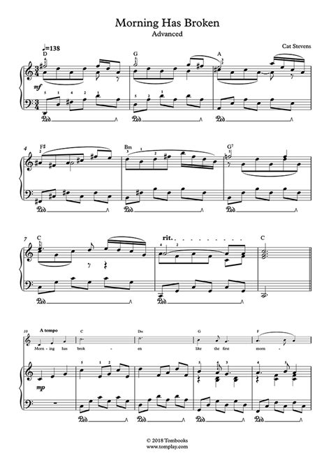 Piano Sheet Music Morning Has Broken (Advanced Level, Solo Piano) (Cat Stevens)