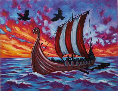 Original Viking Longship Oil Painting Vegvisir Viking Ship Wall Art ...