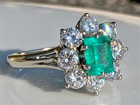 Vintage Emerald Engagement Ring Natural Fine 0.55 Carat Columbian Emerald 0.80cttw Diamond Halo ...