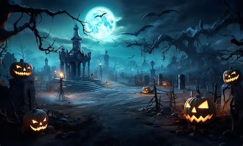 Premium AI Image | halloween graveyard with scary ghosts and pumpkins in t