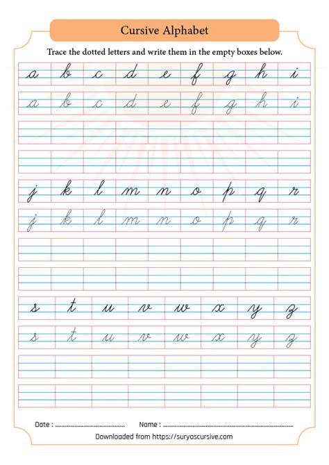 Free A-Z Lowercase Cursive Handwriting Worksheets | SuryasCursive.com