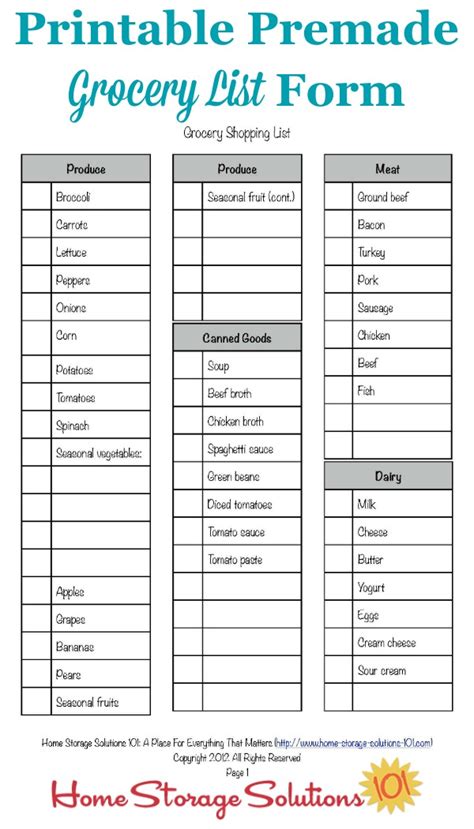 Free Printable Grocery List Form