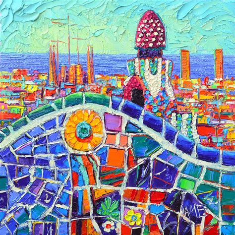 GAUDI'S SUNFLOWER MOSAIC BARCELONA PARK GUELL textural impasto knife ...