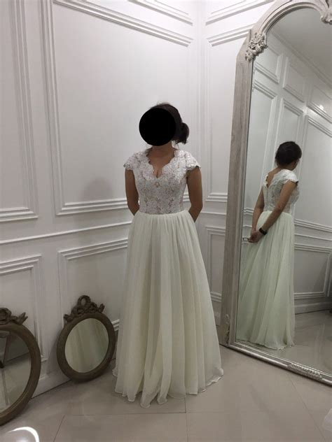 White minimalist gown wedding dress with lace bodice and on Carousell