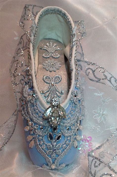 Cinderella themed pale blue and silver decorated pointe shoe with vintage jewel. OOAK decorated ...