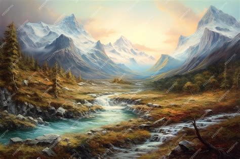 Premium AI Image | A painting of a mountain landscape with a river f