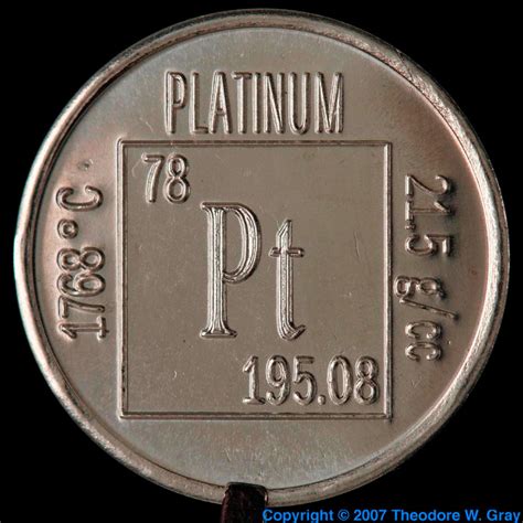 Element coin, a sample of the element Platinum in the Periodic Table