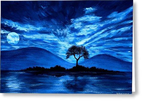 Blue Moon Greeting Card by Wahleyah Black Night Sky Painting, Moon Painting, Blue Painting ...