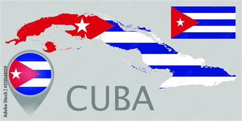 Colorful flag, map pointer and map of the Cuba in the colors of the Cuban flag. High detail ...