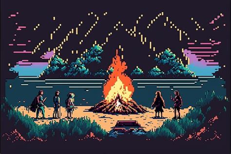 A close up of a pixel art style picture of people around a campfire generative ai | Premium AI ...