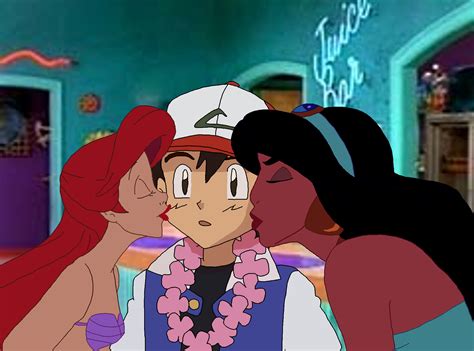 Ariel and Jasmine kiss Ash by Brerdaniel on DeviantArt