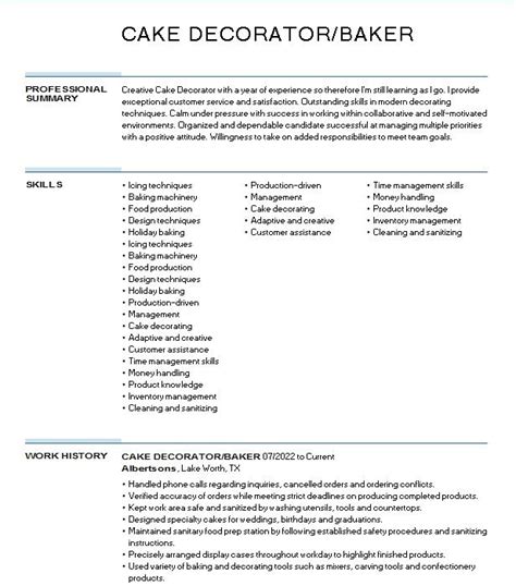 Cake Decorator Resume Example