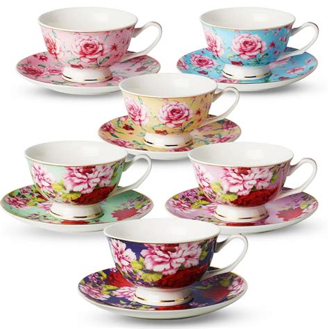 Tea Cup and Saucer Set of 6 (12 pieces), Floral Tea Cups, 8 Oz.Bone ...