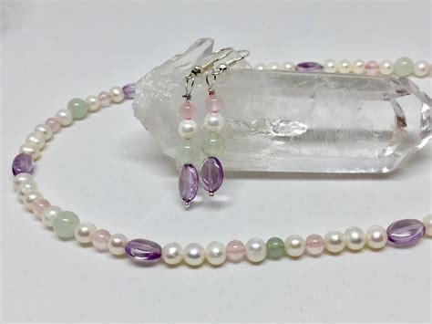 Pearl & Gemstone Necklace Earrings Set Amethyst Rose Quartz - Etsy