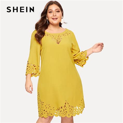 SHEIN Plus Size Yellow Scalloped Edge Laser Cut Insert Plain Short Dress Women 2019 Spring Three ...