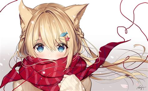 Anime Cat Girl, Blonde, Red Scarf, Animal Ears, Loli, Cute HD wallpaper | Pxfuel