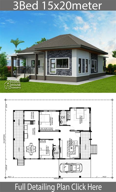 Home design plan 15x20m with 3 Bedrooms - Home Ideas | Simple bungalow house designs, Bungalow ...