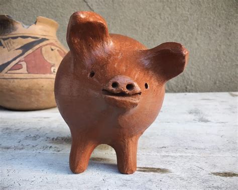 Vintage Mexican Pottery Piggy Bank, Clay Pig Breakable Coin Bank, Mexican Folk Art