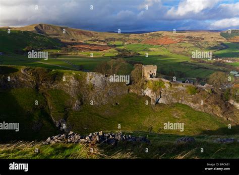 Mam Tor and Peveril Castle a Norman fortress built 1176 by Henry II near Castleton in the Peak ...