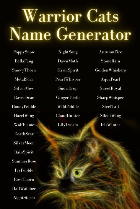 Use our warrior cats name generator to create a unique warrior cat name. See our mega list of ...