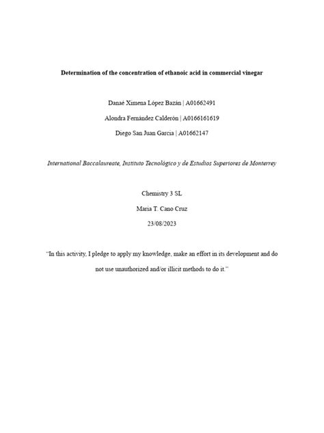 Team 2, Lab 1 - Determination of The Concentration of Ethanoic Acid in Commercial Vinegar | PDF ...