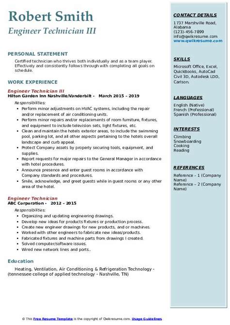 Engineer Technician Resume Samples | QwikResume