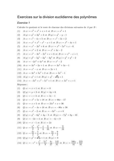 Exercices sur la division euclidienne des polynÃ´mes