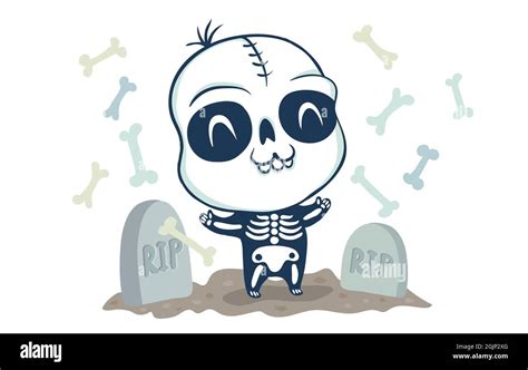 Ilustración vectorial de un esqueleto en el cementerio en estilo kawaii. Ilustración de un niño ...