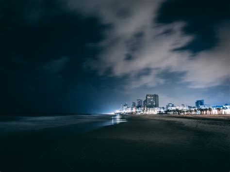 Night City Beach Night Sky Overcast Clouds 4k Wallpaper | TOPpng