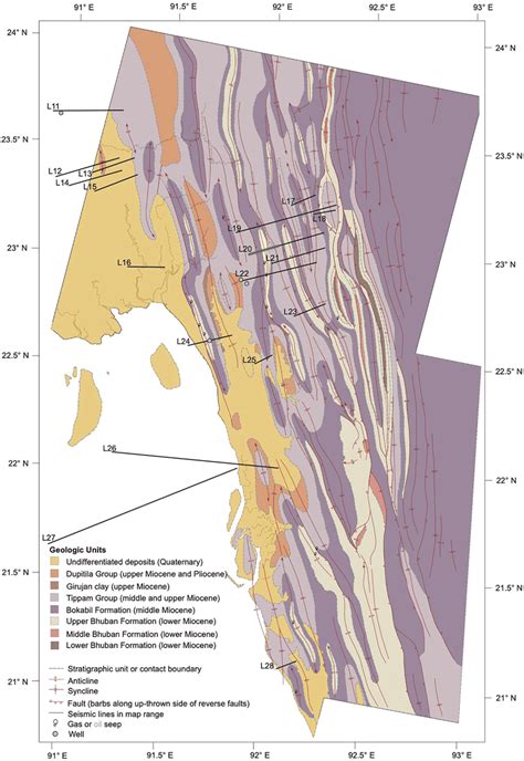 Geologic map of the Chittagong Hill Tracts, modified from Davis (1996 ...