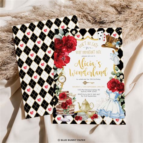 Alice in Wonderland Birthday Invitation Red Floral Onederland - Etsy