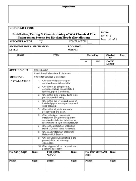 Checklist For Installation of Chemical Fire Suppression System | PDF ...