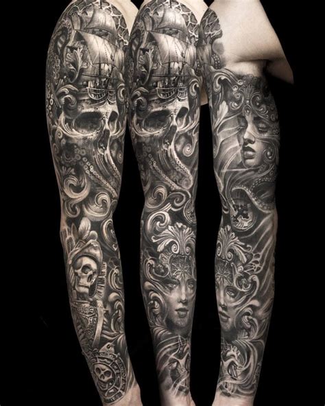 Pirates Sleeve With Sailing Ship, Skulls & Portraits