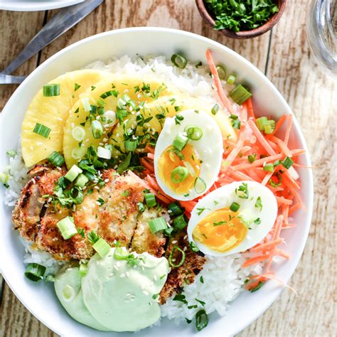 Sweet Chili Pork Cutlet Rice Bowls with Avocado Cream