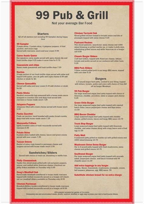 Online Menu of 99 Pub and Grill, Avondale, AZ