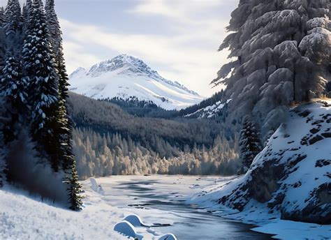 Premium AI Image | Snowcovered landscape with a majestic mountain in the background Pine trees ...