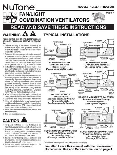 NUTONE HD50LNT INSTRUCTIONS MANUAL Pdf Download | ManualsLib