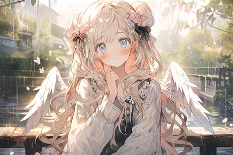 Premium Photo | Cute blushing anime girl with blond hair and white angel wings