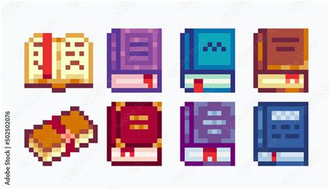 Different books pixel art set. Fantasy tome, folio collection. Open, closed textbooks. 8 bit ...