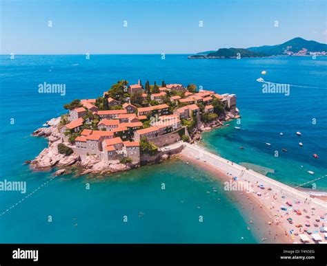 aerial view of sveti stefan beach montenegro. summer vacation Stock ...