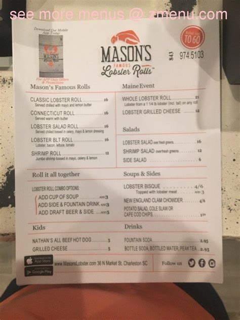 Menu at Mason's Famous Lobster Rolls restaurant, Charleston