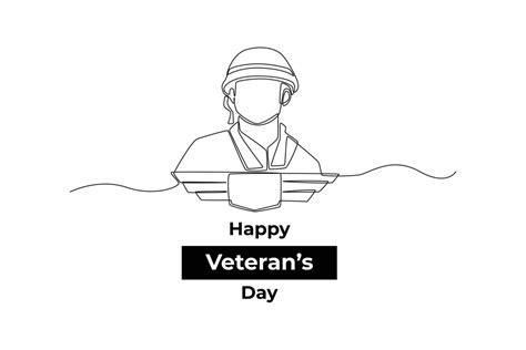 One continuous line drawing of male soldier in uniform with beret in Veterans day concept ...